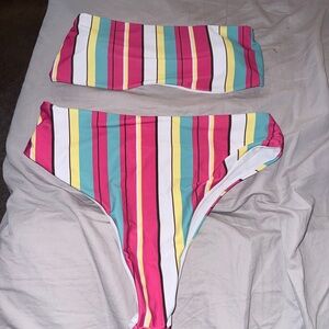 SHEIN Multicolor Stripe Bandeau Bikini Set - Pink, Teal, Yellow, White